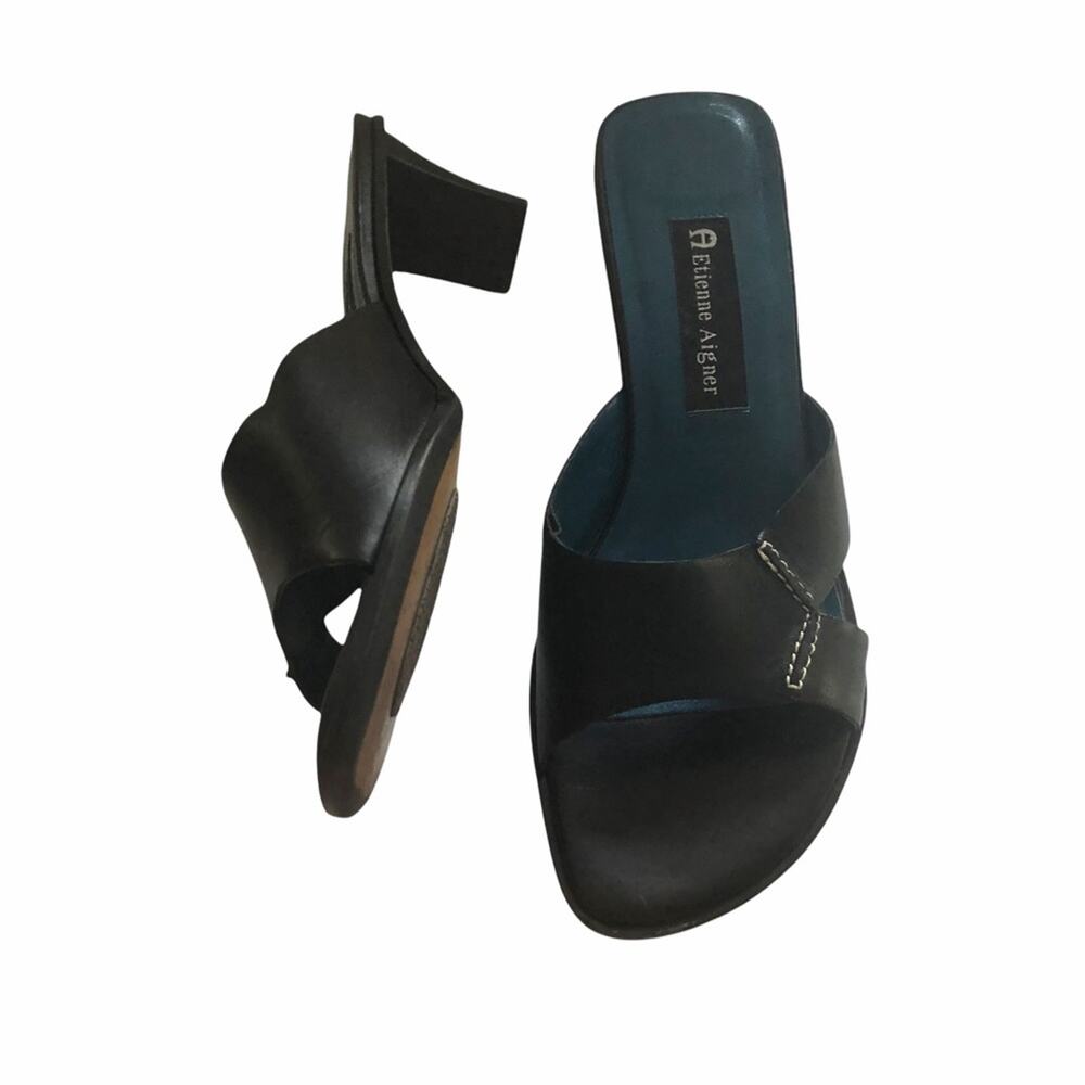 Etienne Aigner Hardy Slip On Sandal Mule Black Leather Vintage Y2K 7.5 GUC